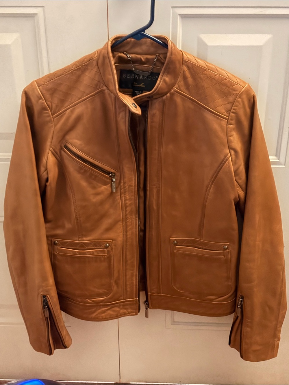 Bernardo Quilted-Shoulder Leather Bomber in Cognac